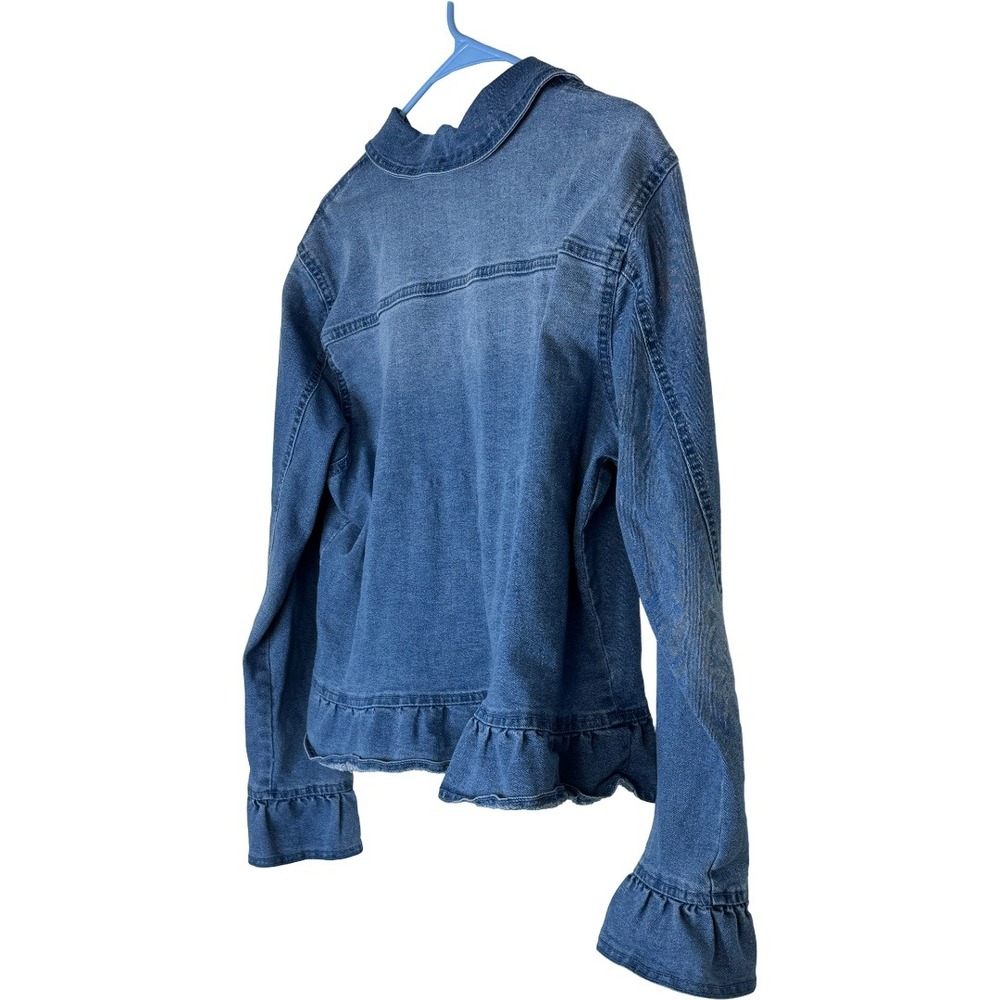 Baccini Denim Jacket Women XL Blue Ruffle Cuff Peplum Hem Button Front Jean Coat - Picture 3 of 11